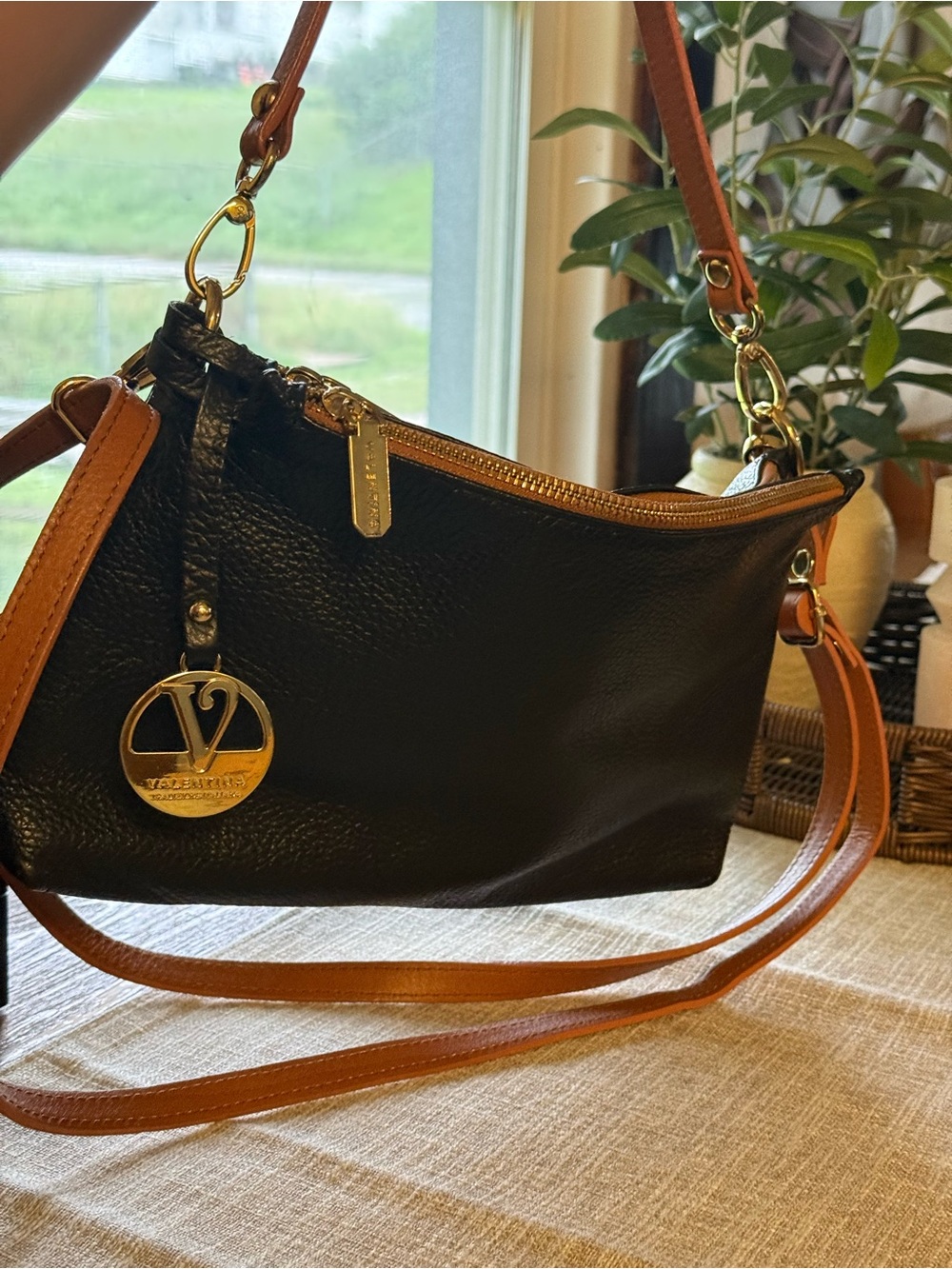 Valentina Black Leather Crossbody with Brown Strap and Gold Charm